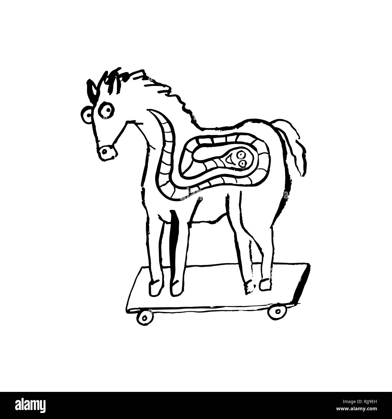 Cavallo di Troia con la vite senza fine all'interno. Computer virus simbolo. Grunge pennello asciutto illustrazione vettoriale. Illustrazione Vettoriale