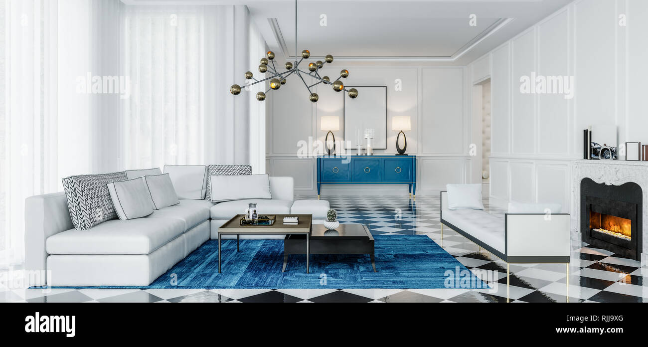 Interior design moderno salotto con accenti di color blu e piastrelle bianche e nere, scena per luce diurna Foto Stock