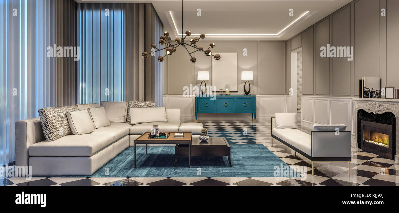 Interior design moderno salotto con accenti di color blu e piastrelle bianche e nere, scena notturna Foto Stock