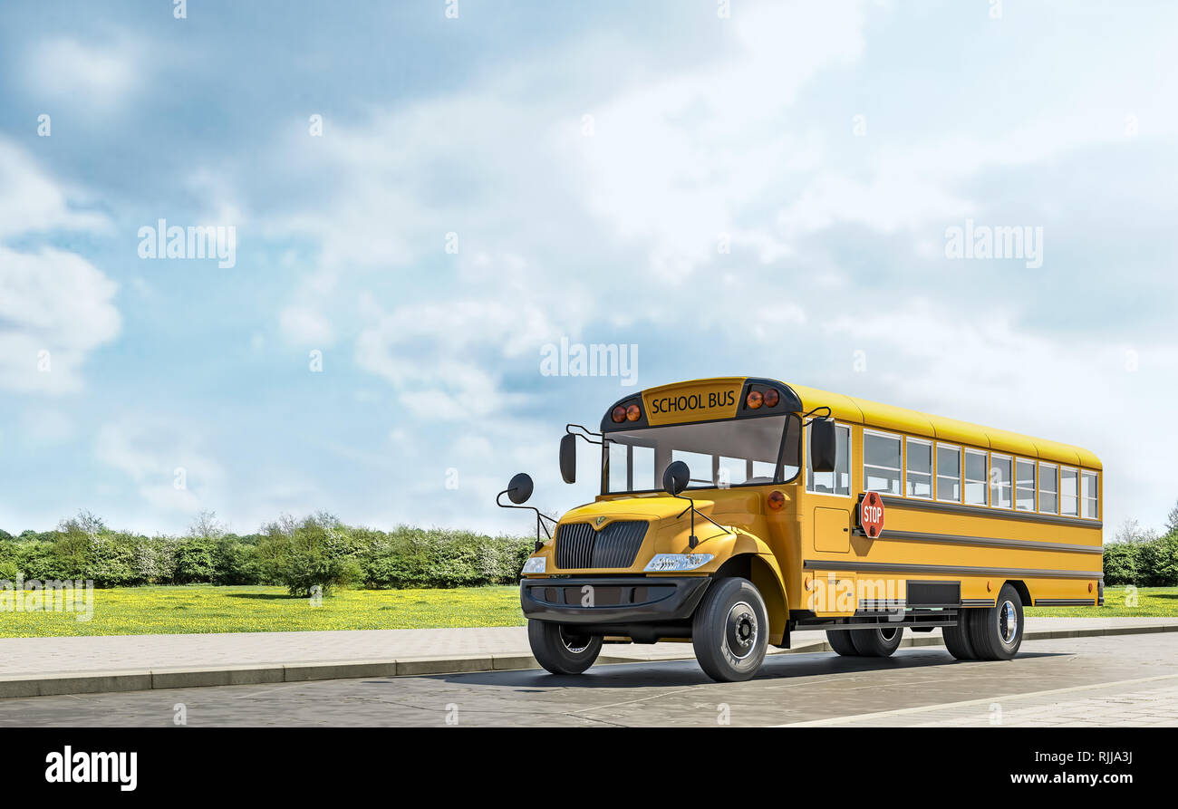 Scuola di pilotaggio del bus sulla strada del paese, andando a scuola, la bella giornata di sole, rendering 3D Foto Stock