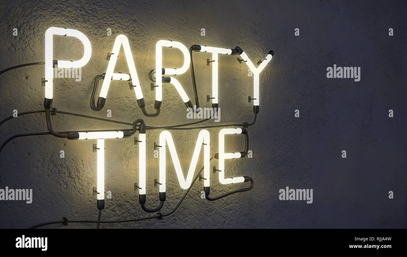 Il tempo del partito insegna al neon sulla parete di cemento sullo sfondo del rendering 3D Foto Stock