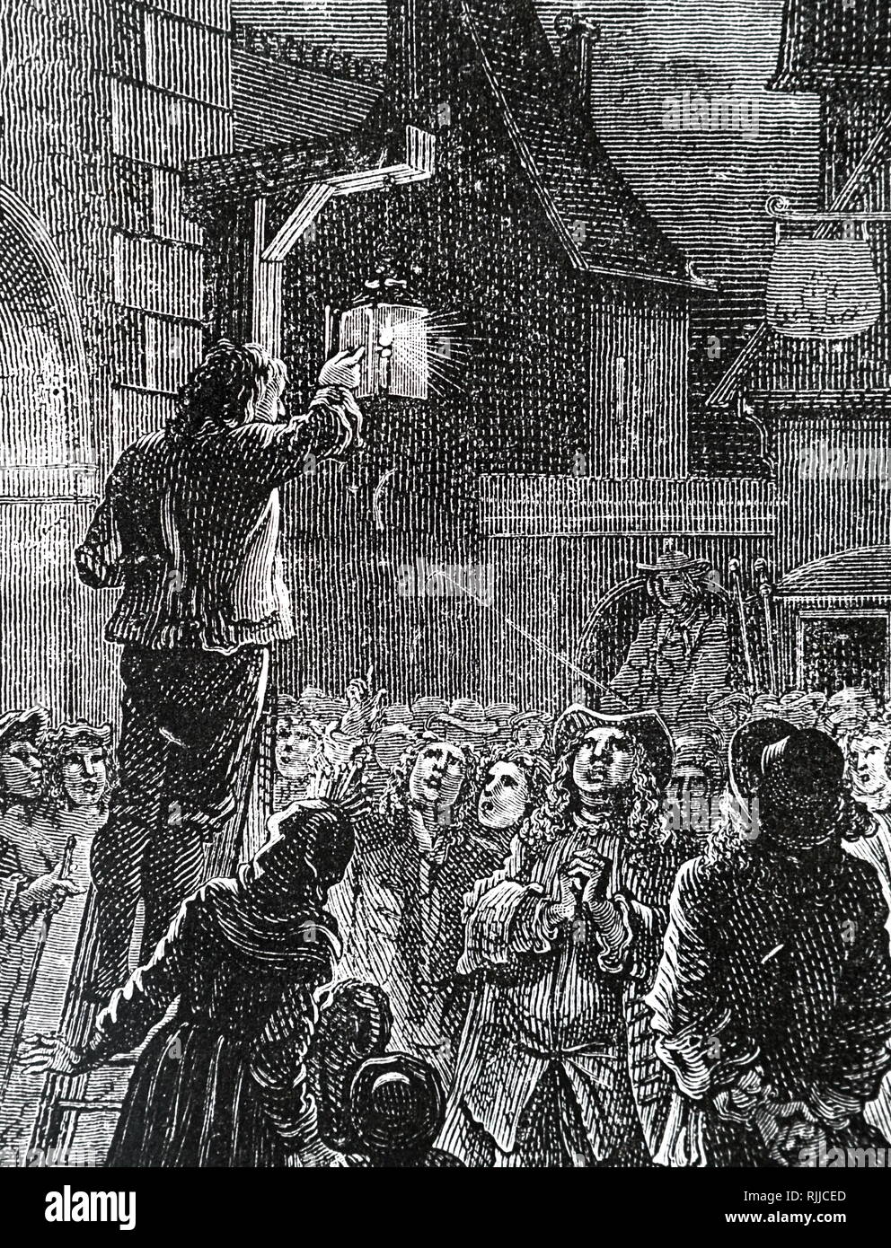 Una incisione raffigurante i parigini guardando la candela si accende nel primo di La Reynie's lampade stradali dotati di riflettori nel 1758. Datata del XIX secolo Foto Stock