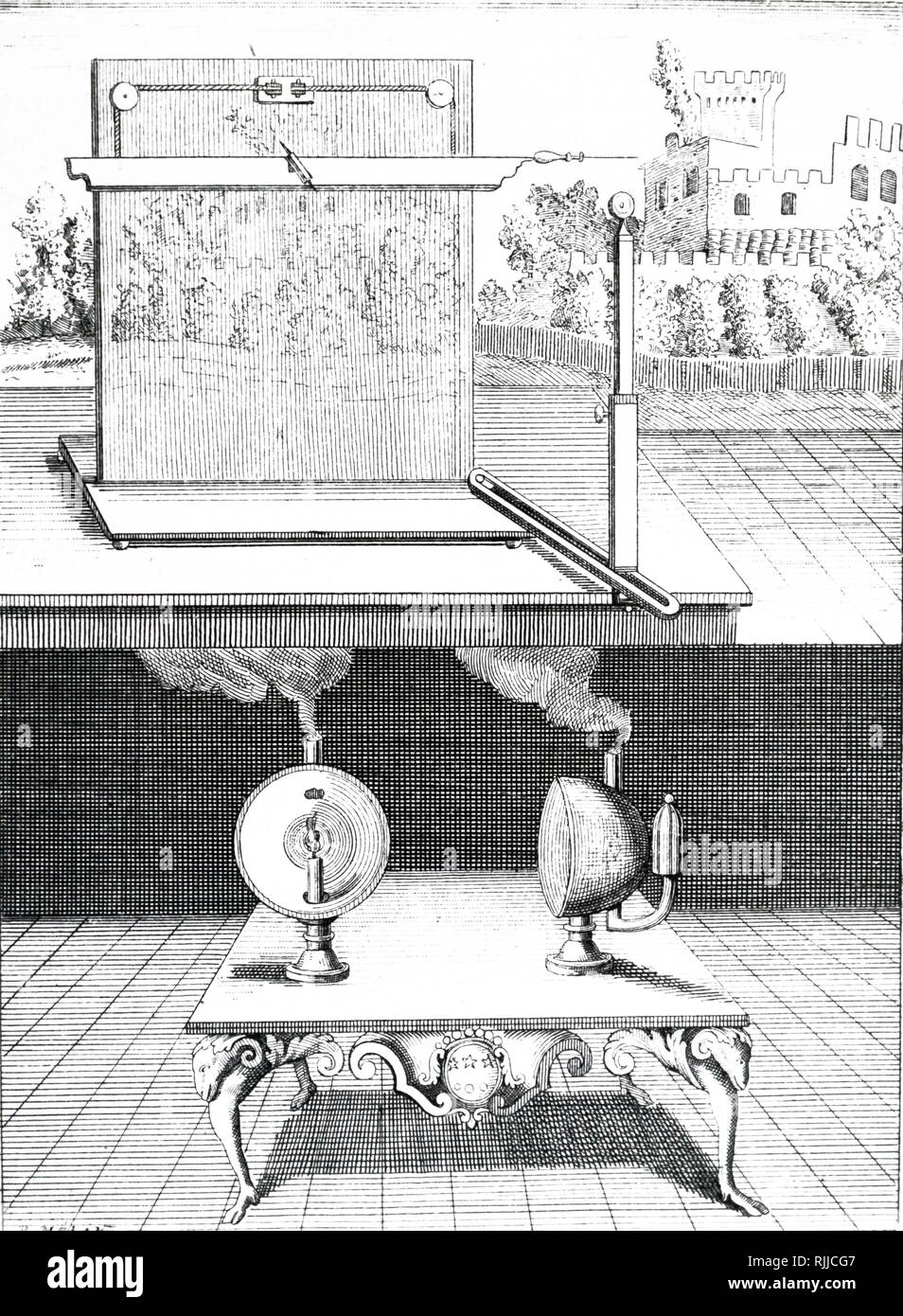 Una xilografia incisione raffigurante un perspectograph e lampada ad olio con un riflettore lucidato. Datata xviii secolo Foto Stock
