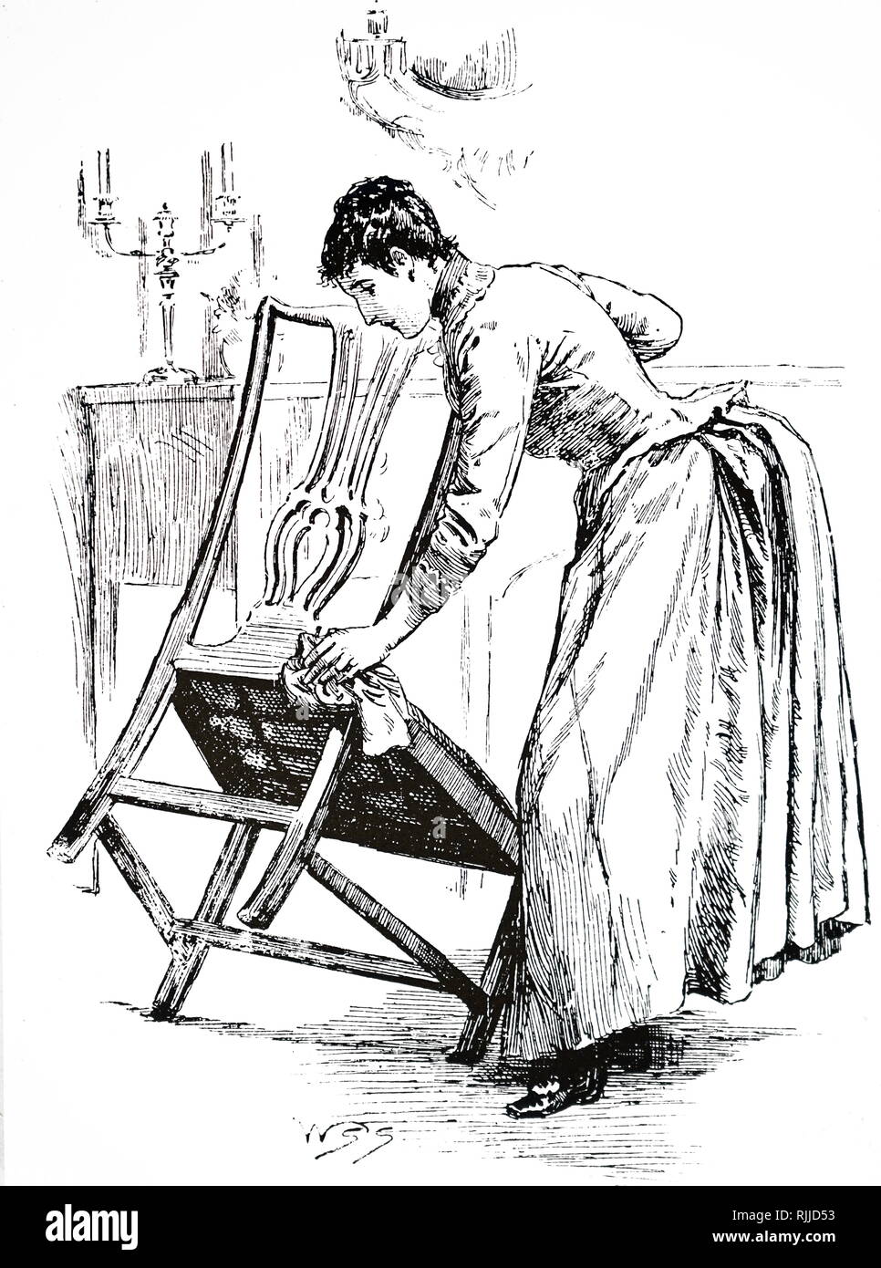 Una incisione raffigurante una donna spolvero una sedia. Datata del XIX secolo Foto Stock Una incisione raffigurante una donna spolvero una sedia. Datata del XIX secolo Foto Stock