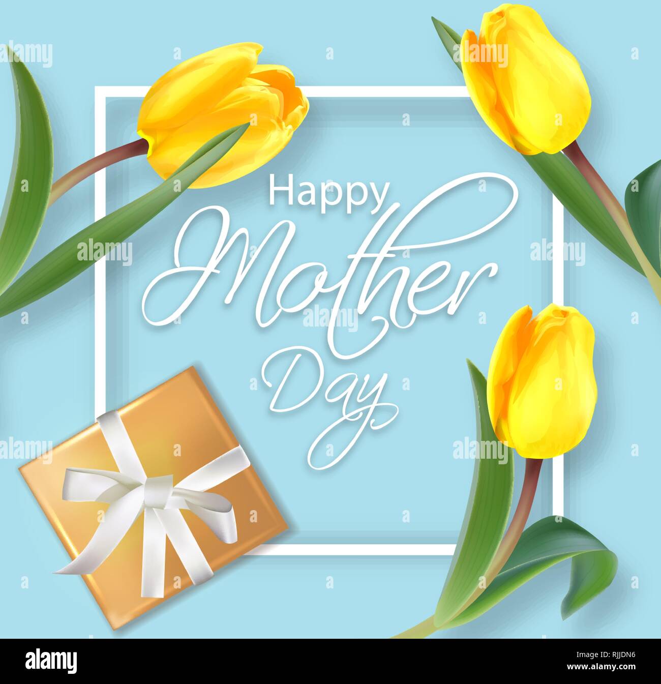 Madre day card con tulipani gialli realistica del vettore. Regali e Fiori su sfondo rosa. Delicato poster di vacanza. Primavera Estate stagione scheda 3d illus Illustrazione Vettoriale