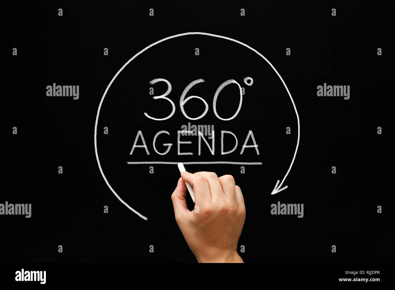 Schizzi a mano 360 gradi Agenda concetto freccia con gesso bianco sulla lavagna. Foto Stock