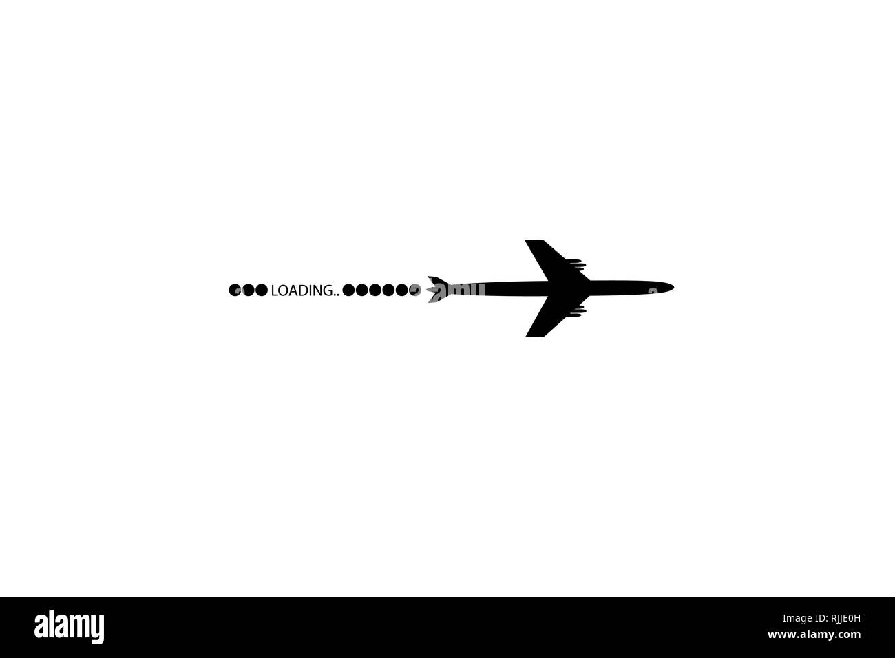 Avanzamento barra di caricamento con aereo. L'appartamento volante è nero. Il waypoint viene per un viaggio turistico. Traccia su uno sfondo bianco. Vettore Illustrazione Vettoriale