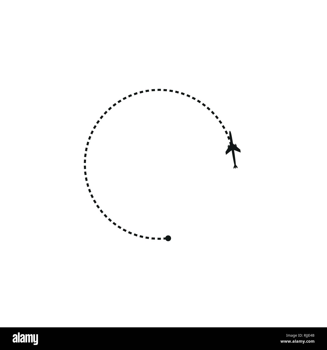 Viaggio aereo concetto. Piano con il punto di inizio del percorso e la linea tratteggiata su sfondo bianco Illustrazione Vettoriale