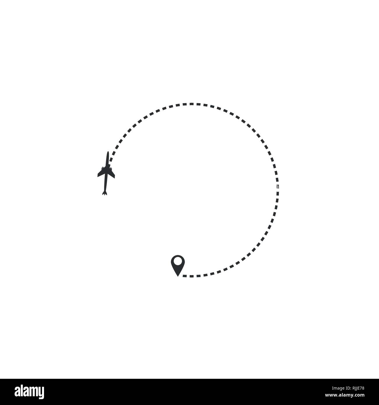 Viaggio aereo concetto. Piano con il punto di inizio del percorso e la linea tratteggiata su sfondo bianco Illustrazione Vettoriale
