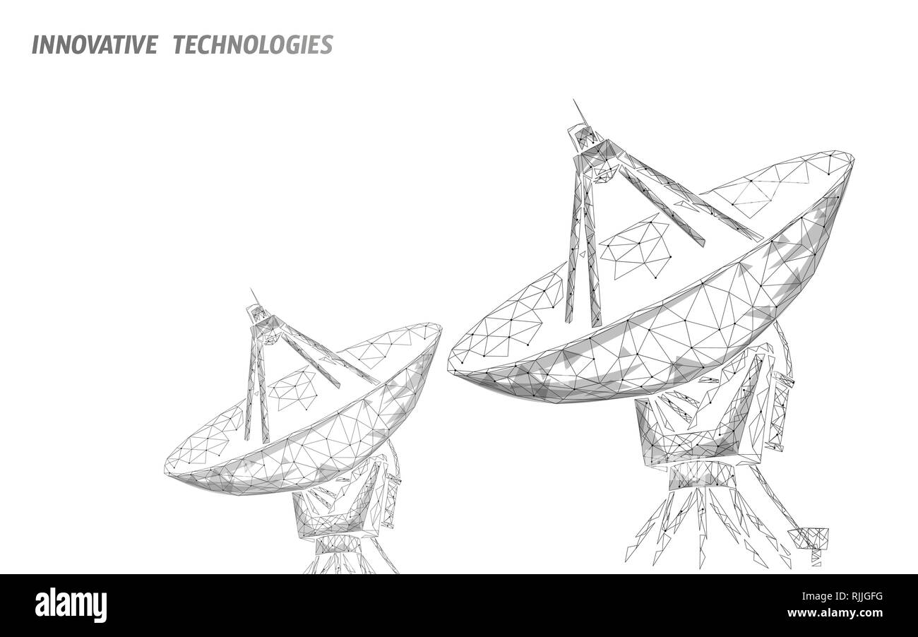 Poligonale antenna radar per la difesa spazio astratto concetto di tecnologia. La scansione di rilevamento pericolo militare manovra mesh wireframe 3D la guerra. Tv satellitare Illustrazione Vettoriale
