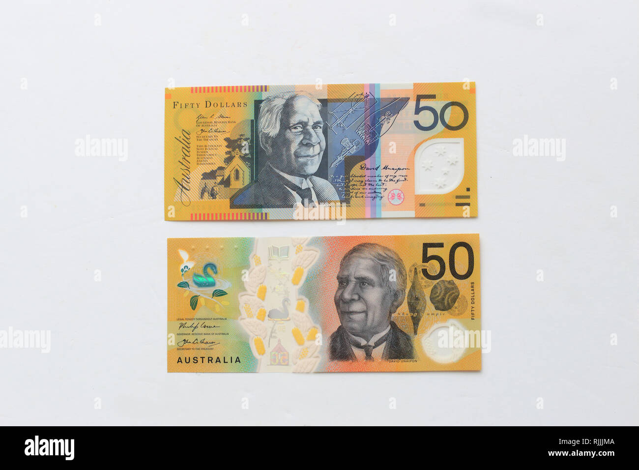 $50 Australian nuova e vecchia banca nota isolata contro uno sfondo bianco Foto Stock