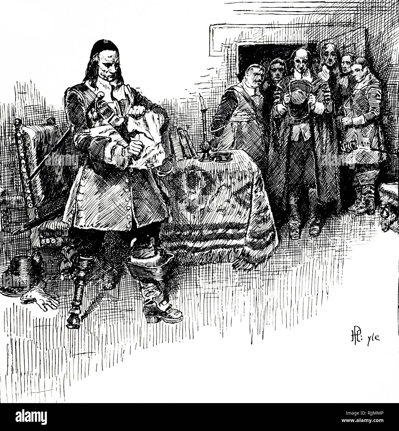 Una incisione raffigurante Peter Stuyvesant sistemando una lettera chiedendo la rinuncia di New Amsterdam (New York). Nel 1664 egli rinuncia a malincuore la città per la lingua inglese. Peter Stuyvesant (1610-1672) l'ultimo olandese direttore generale della colonia di New Netherland. Datata del XIX secolo Foto Stock