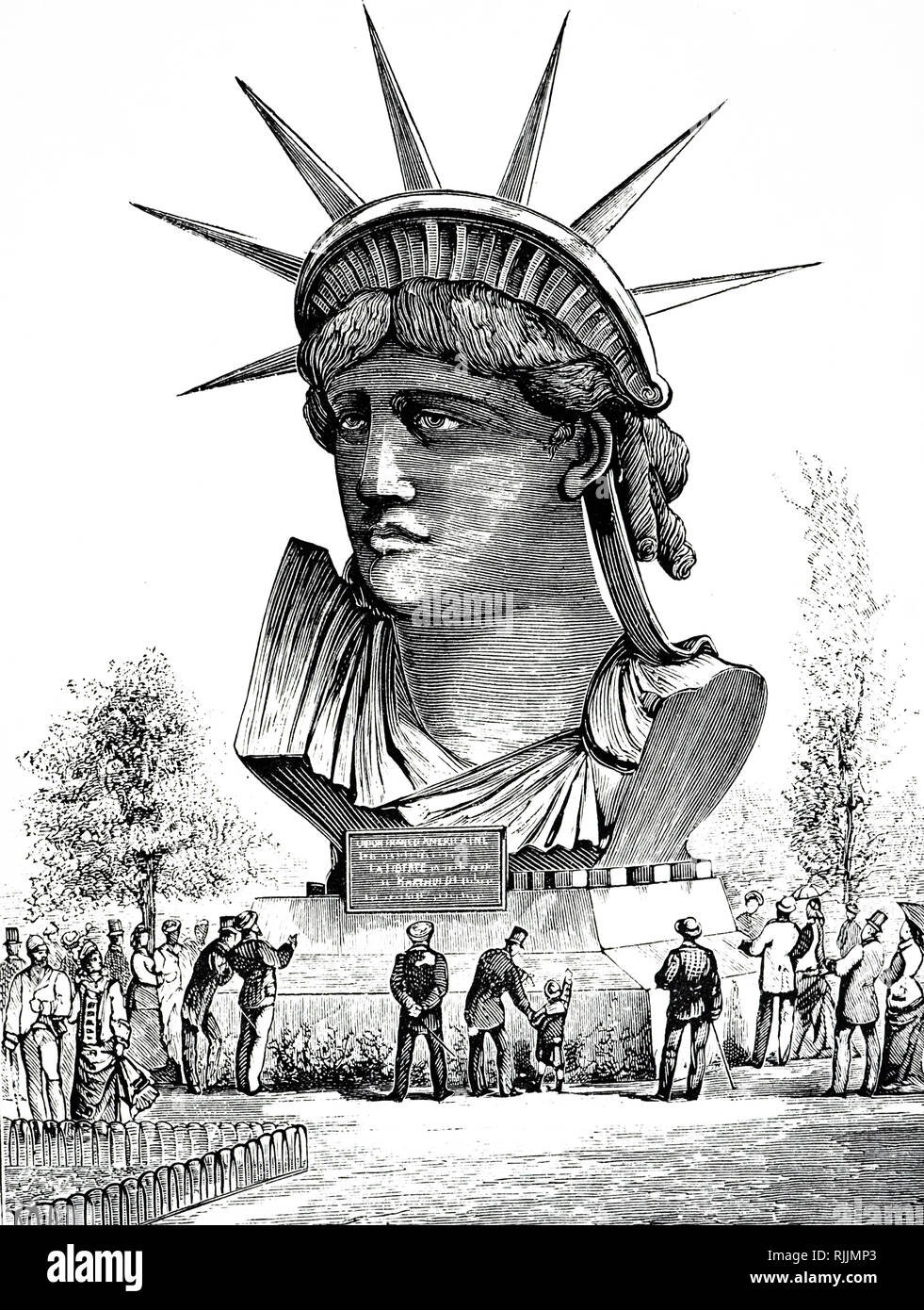Incisione raffigurante la testa della statua della libertà in Francia, progettato da scultore francese Frederic Auguste Bartholdi. La statua è stata dedicata all'America il 28 ottobre 1886. Datata del XIX secolo Foto Stock