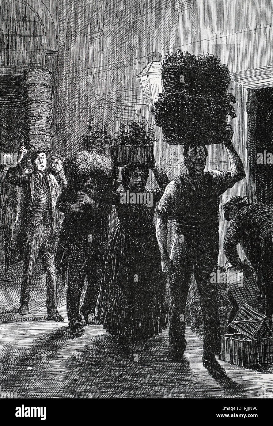Una incisione raffigurante mercato di Covent Garden illuminati da lampade a gas. Datata del XIX secolo Foto Stock