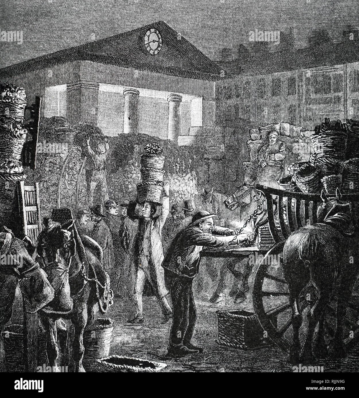 Una incisione raffigurante mercato di Covent Garden illuminati da lampade a gas. Datata del XIX secolo Foto Stock