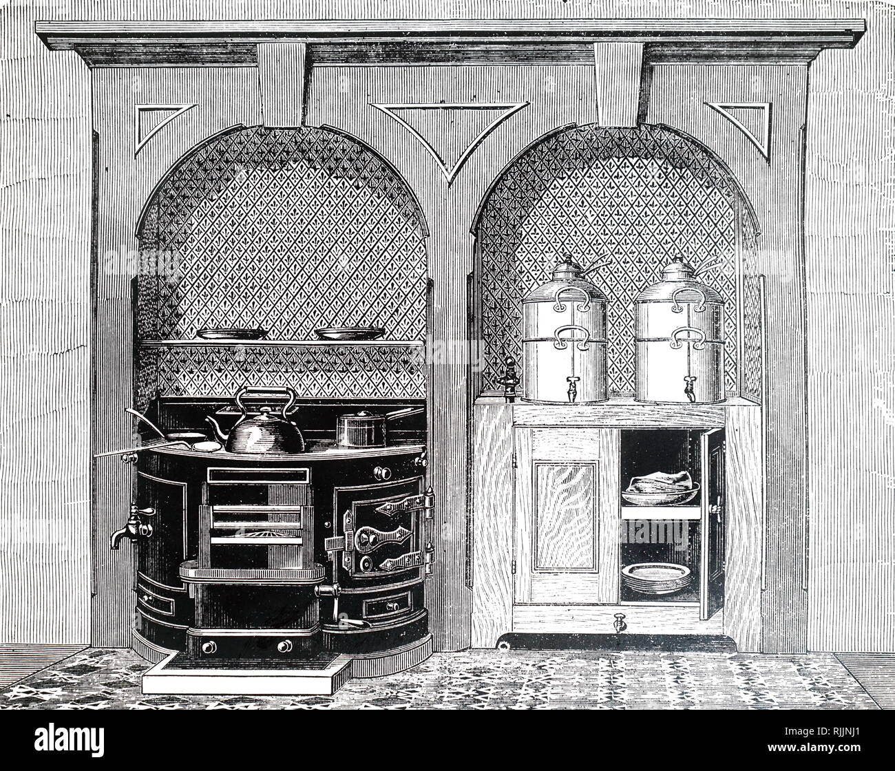 Una incisione raffigurante una circolare stufa fronteggiata con una forma a cuneo in caldaia per il risparmio di carburante. In aggiunta ad un forno (a destra) e piastre di cottura, aveva anche una sezione per il riscaldamento di acqua che è stata prelevata dal rubinetto (sinistra). Datata del XIX secolo Foto Stock
