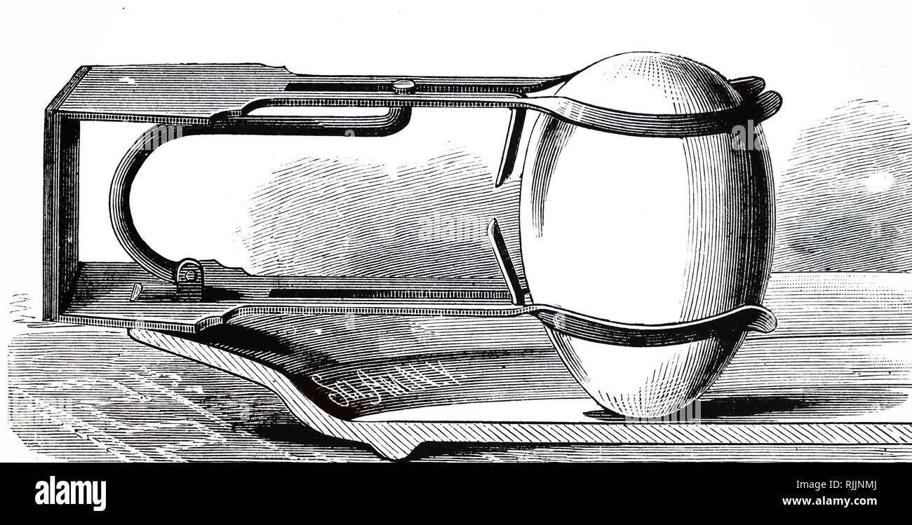 Una incisione raffigurante Giovanni S. Brich il cestello porta uovo, attaccato al lato di una piastra. Datata del XIX secolo Foto Stock