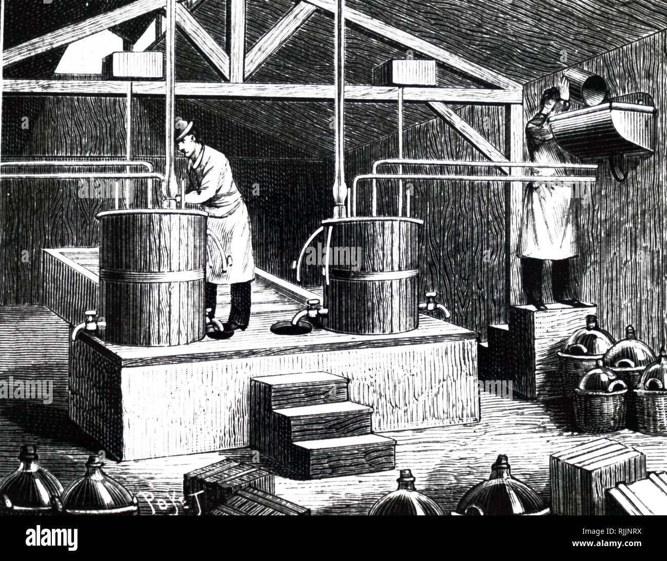 Una incisione raffigurante la produzione commerciale di nitro-glicerina a Cengio fabbrica di esplosivi, Italia. Datata del XIX secolo Foto Stock