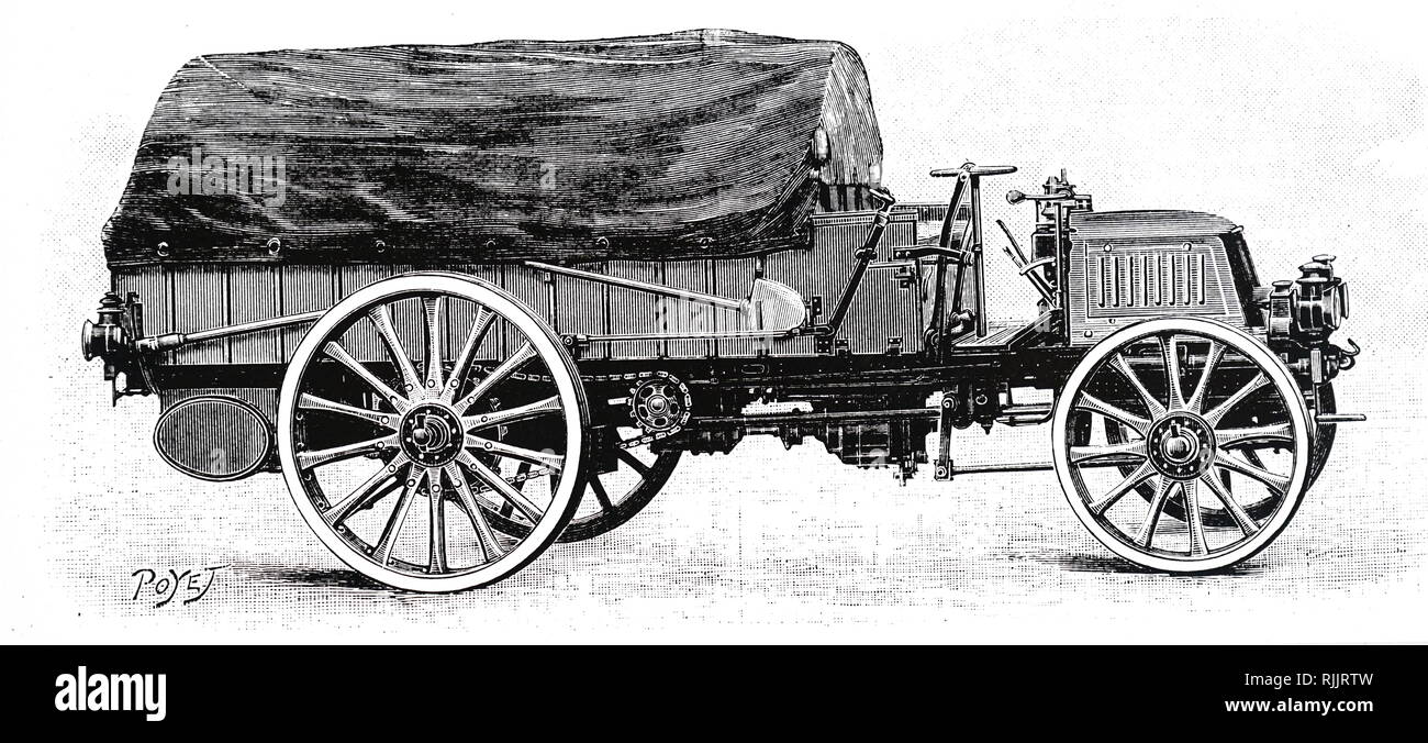 Una incisione raffigurante un esercito carrello da Daimler con un motore a quattro cilindri 12 cv. Datata del XIX secolo Foto Stock