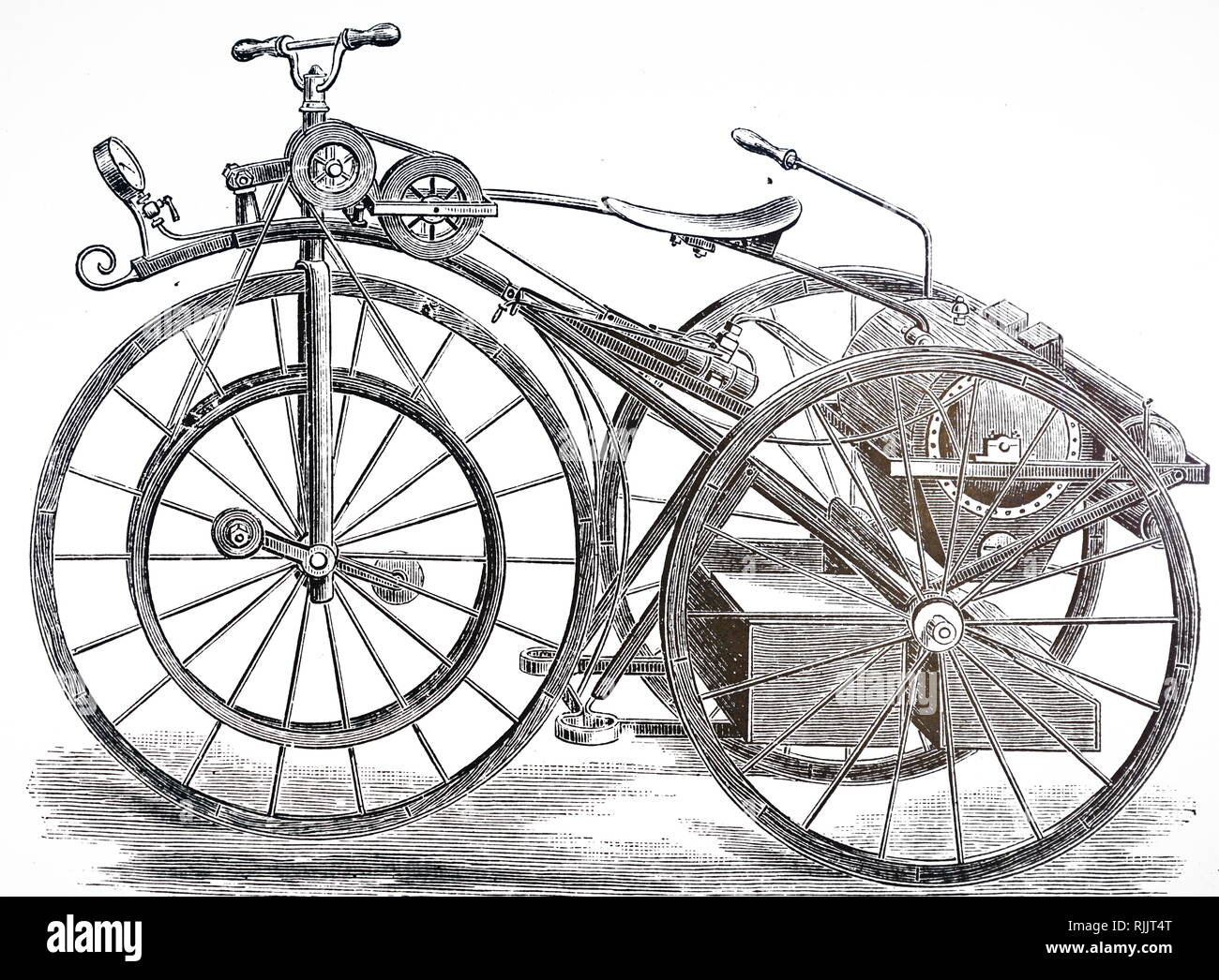 Una incisione raffigurante L. G. Perreaux il triciclo a vapore. Datata del XIX secolo Foto Stock
