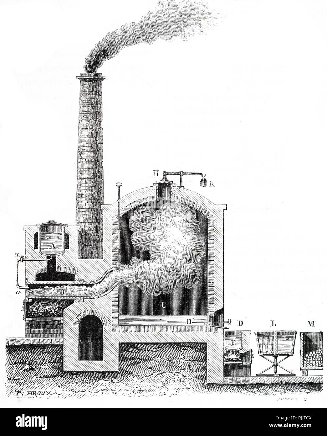 Una incisione raffigurante un commerciale ancora usato per la purificazione del grezzo di acido solforico. Datata del XIX secolo Foto Stock