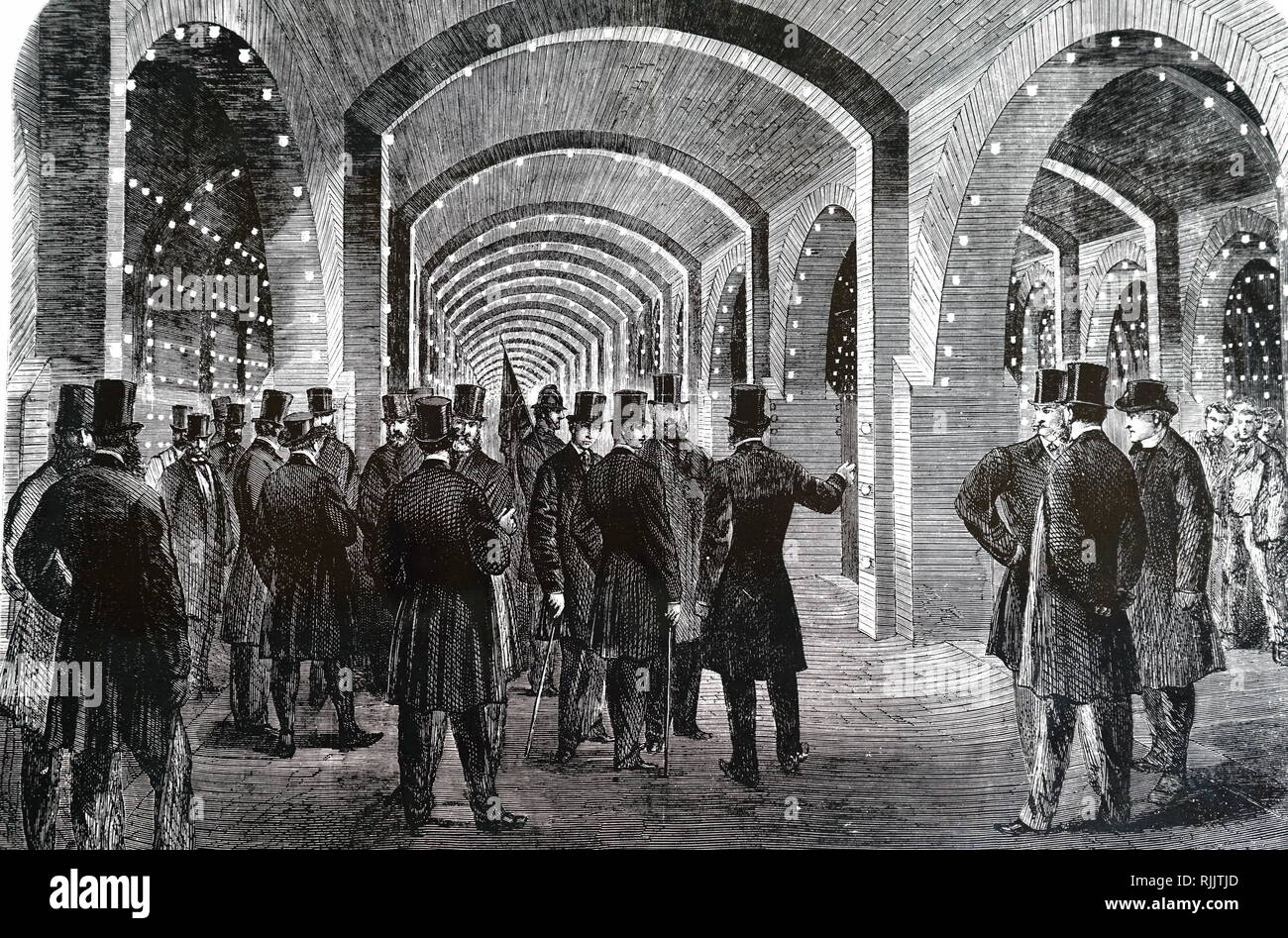 Una incisione raffigurante il Principe di Galles al Crossness opere del metropolita di drenaggio principale regime. Datata del XIX secolo Foto Stock