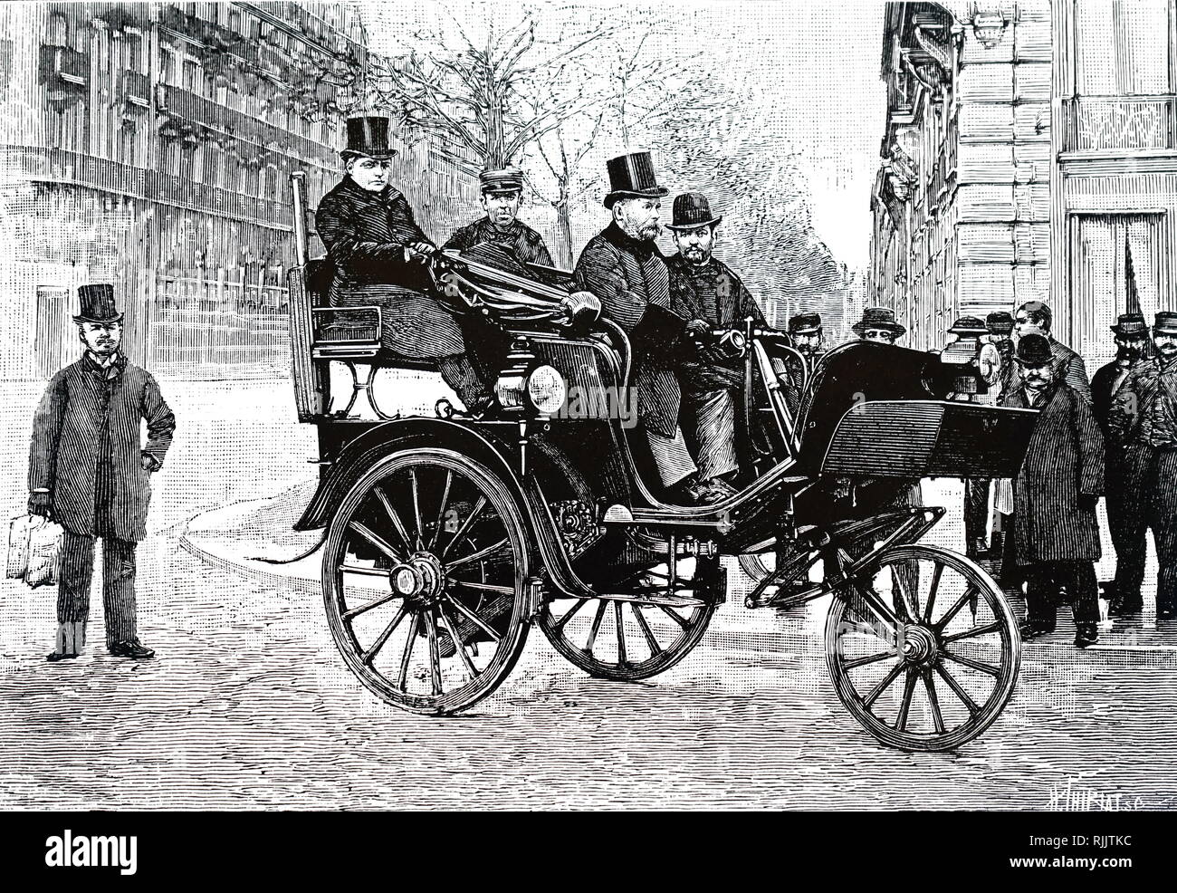 Una incisione raffigurante Léon Serpollet alla guida della sua auto a vapore a Parigi. Datata del XIX secolo Foto Stock