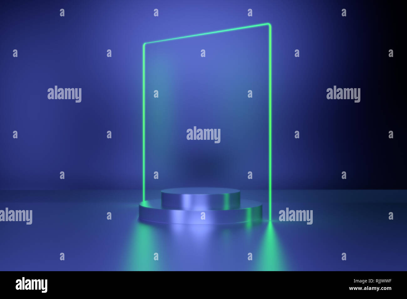 Linee incandescente, luci al neon, realtà virtuale, sfondo astratto, portale di quadrati, Arco, Rosa verde dello spettro di colori vibranti, laser show. Il rendering 3d. Foto Stock