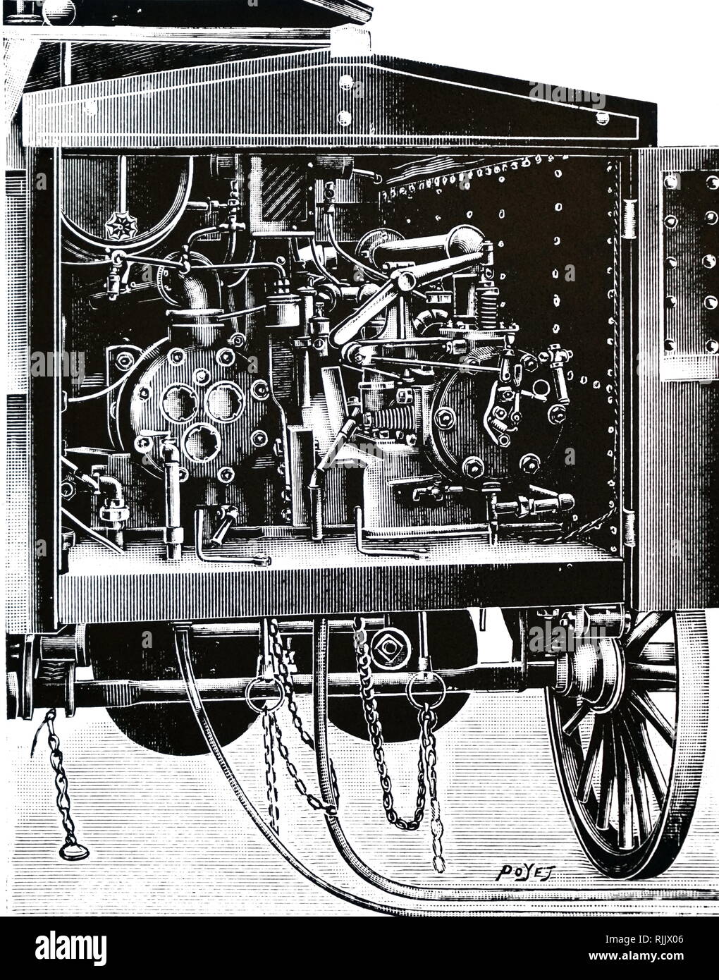 Una incisione raffigurante J. S. Thurman's a cavallo il van portando un motore e il compressore in strada di alimentazione di aria compressa agli imprenditori pulire un appartamento in un edificio vicino. In data xx secolo Foto Stock