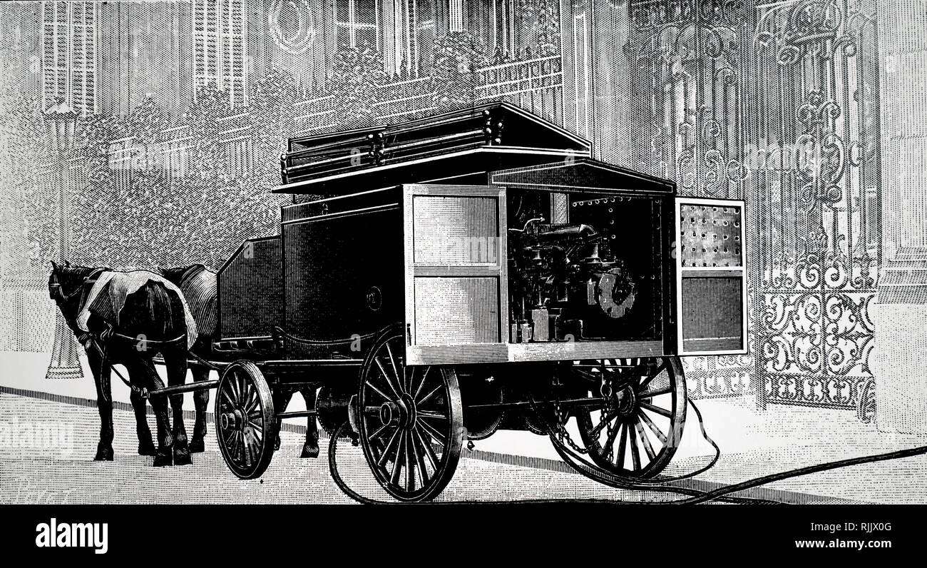 Una incisione raffigurante J. S. Thurman's a cavallo il van portando un motore e il compressore in strada di alimentazione di aria compressa agli imprenditori pulire un appartamento in un edificio vicino. In data xx secolo Foto Stock
