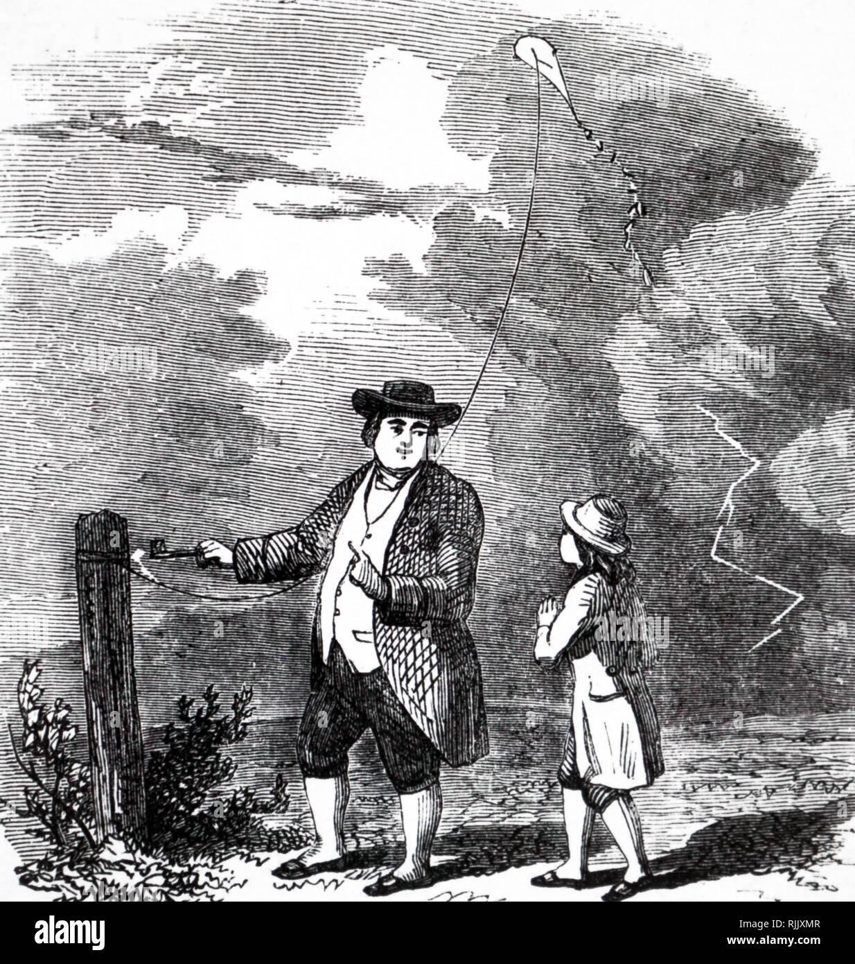 L'artista impressione di Benjamin Franklin (1706-1790) inchiesta di natura elettrica del fulmine nel settembre 1752. Franklin e il suo assistente sono volare un aquilone in una tempesta e Franklin sono il disegno di una scintilla off il kite stringa. Datata del XIX secolo Foto Stock