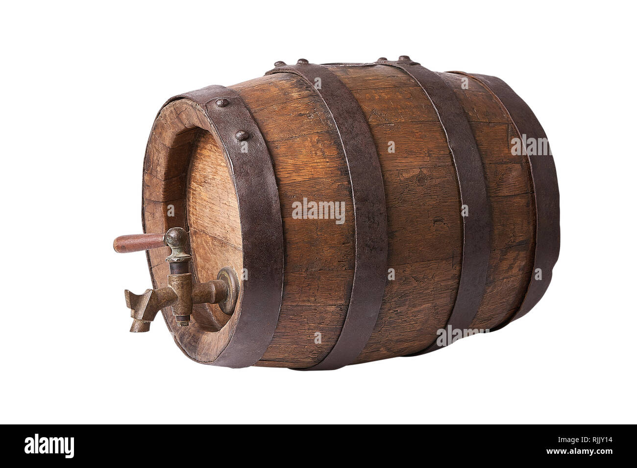 Antique Barile di legno. Vite botte. Isolato su sfondo bianco Foto Stock