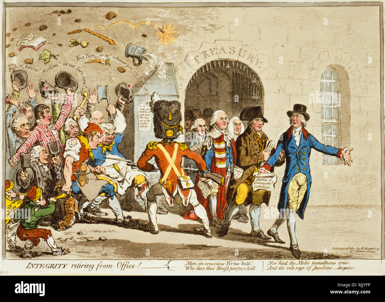 British Political Cartoon, "Integrity Retirement from Office", James Gillray, 1801 - Foto Stock