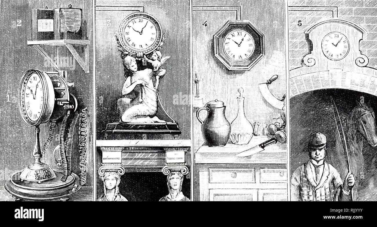 Una incisione raffigurante A. Hennequin elettrico del clock di master (l) alimentato da una batteria di Serrin (2), guida schiavi (3,4,5) in varie parti di un edificio. Datata del XIX secolo Foto Stock