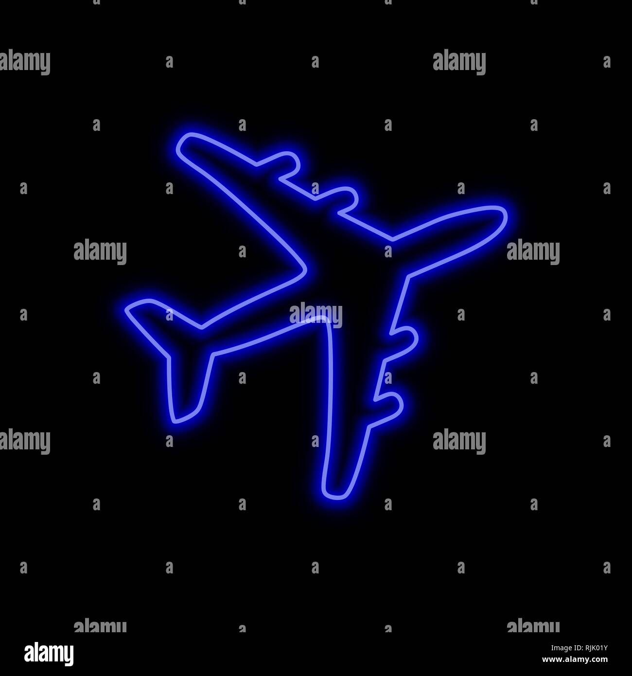 Aeroplano insegna al neon. Luminosa incandescente simbolo su uno sfondo nero. Neon stile icona. Illustrazione Vettoriale