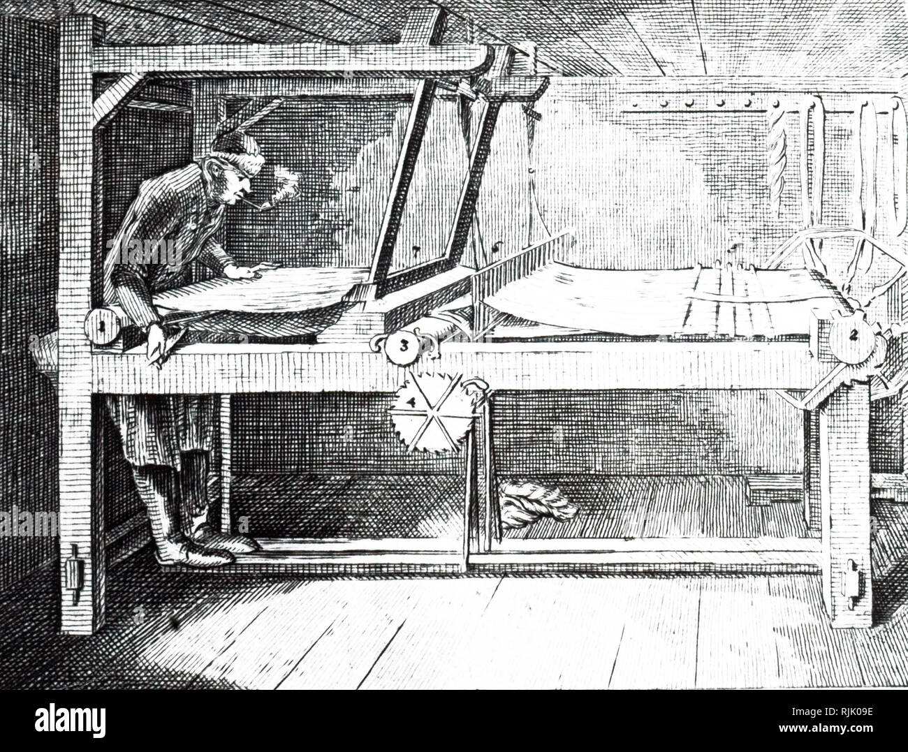 Una incisione raffigurante una mano tessile tessitore sta per lanciare la navetta. Fly shuttle inventato da John può circa 1730. Datato xix secolo datata XVIII secolo Foto Stock