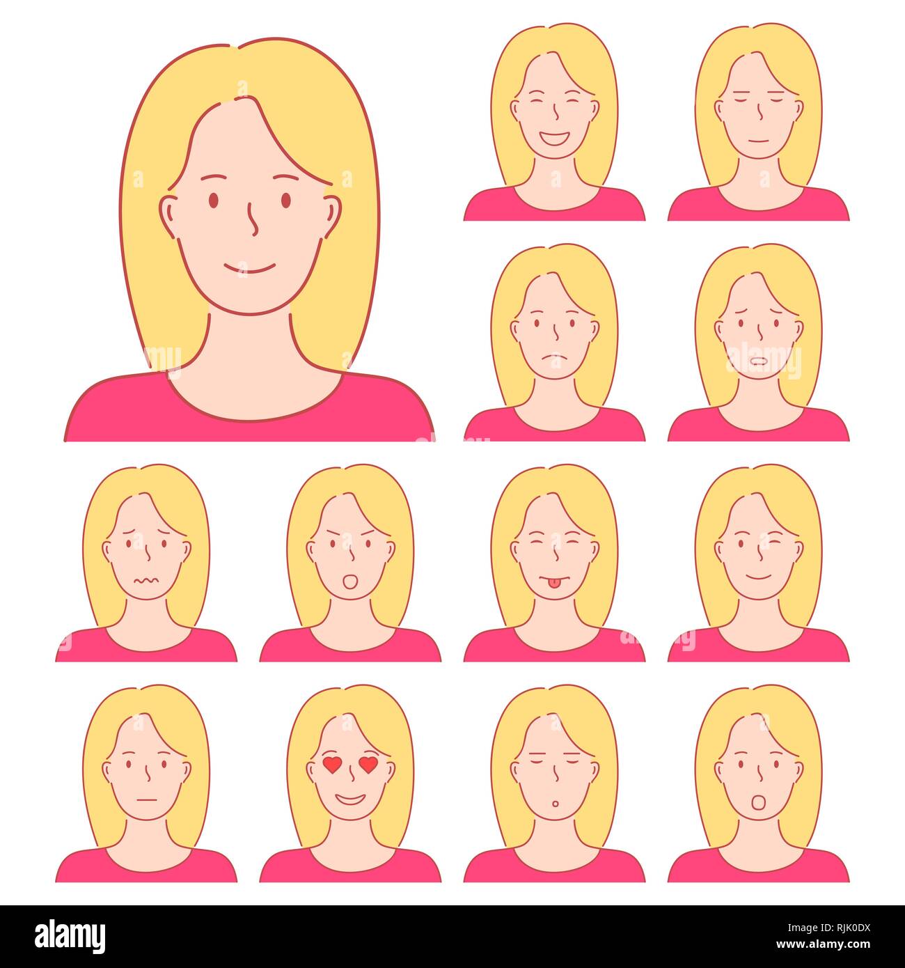 Gruppo isolato di avatar femminile espressioni. Diverse le emozioni di una donna con capelli biondi. Disegnata a mano stile doodle design illustrazione Illustrazione Vettoriale