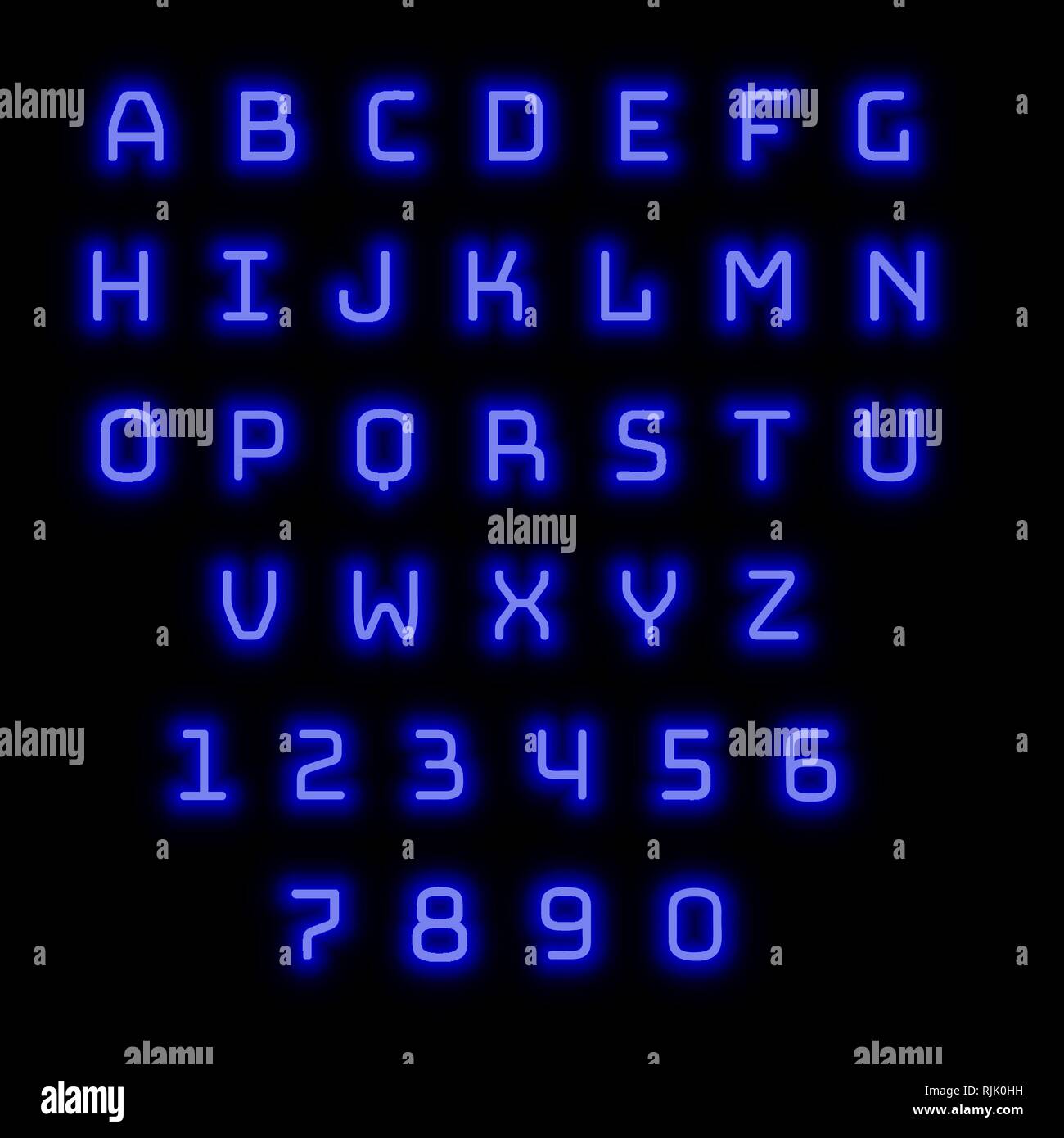 L'alfabeto inglese e numeri. Neon stile. Lettere blu. Illustrazione Vettoriale