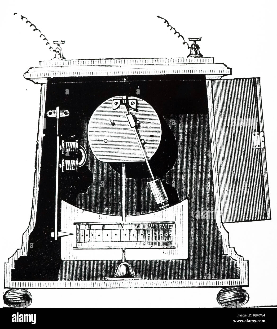 Una incisione raffigurante F. M. Pratt's orologio con un azionato elettricamente la punzonatura meccanismo per controllare che un guardiano notturno sta facendo il suo giro. Datata del XIX secolo Foto Stock