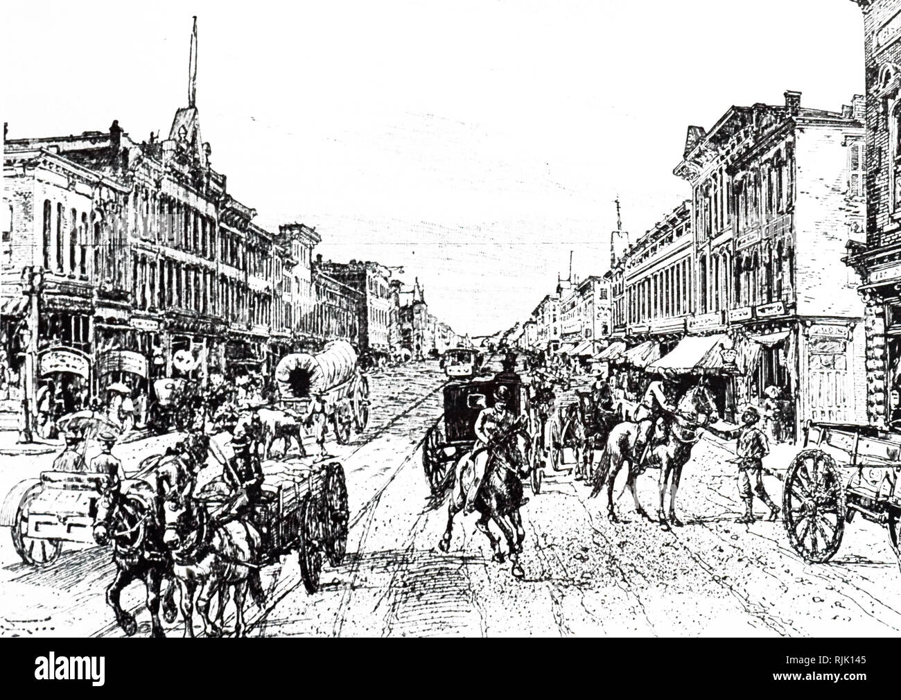 Una incisione raffigurante Broad Street, Chattanooga, Tennessee. Datata del XIX secolo Foto Stock