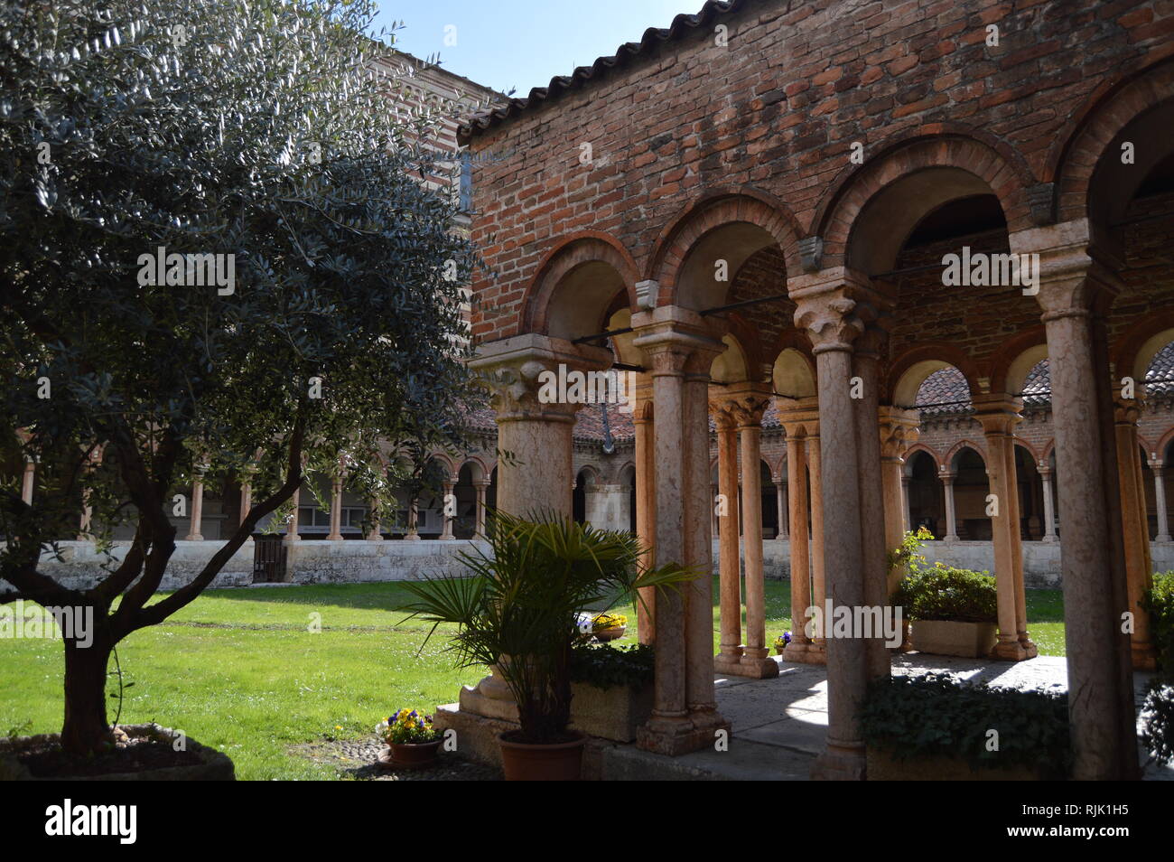 Bel chiostro all'interno del San Zenone chiesa in Verona. Viaggi, vacanze, architettura. Marzo 30, 2015. Verona, regione Veneto, Italia. Foto Stock