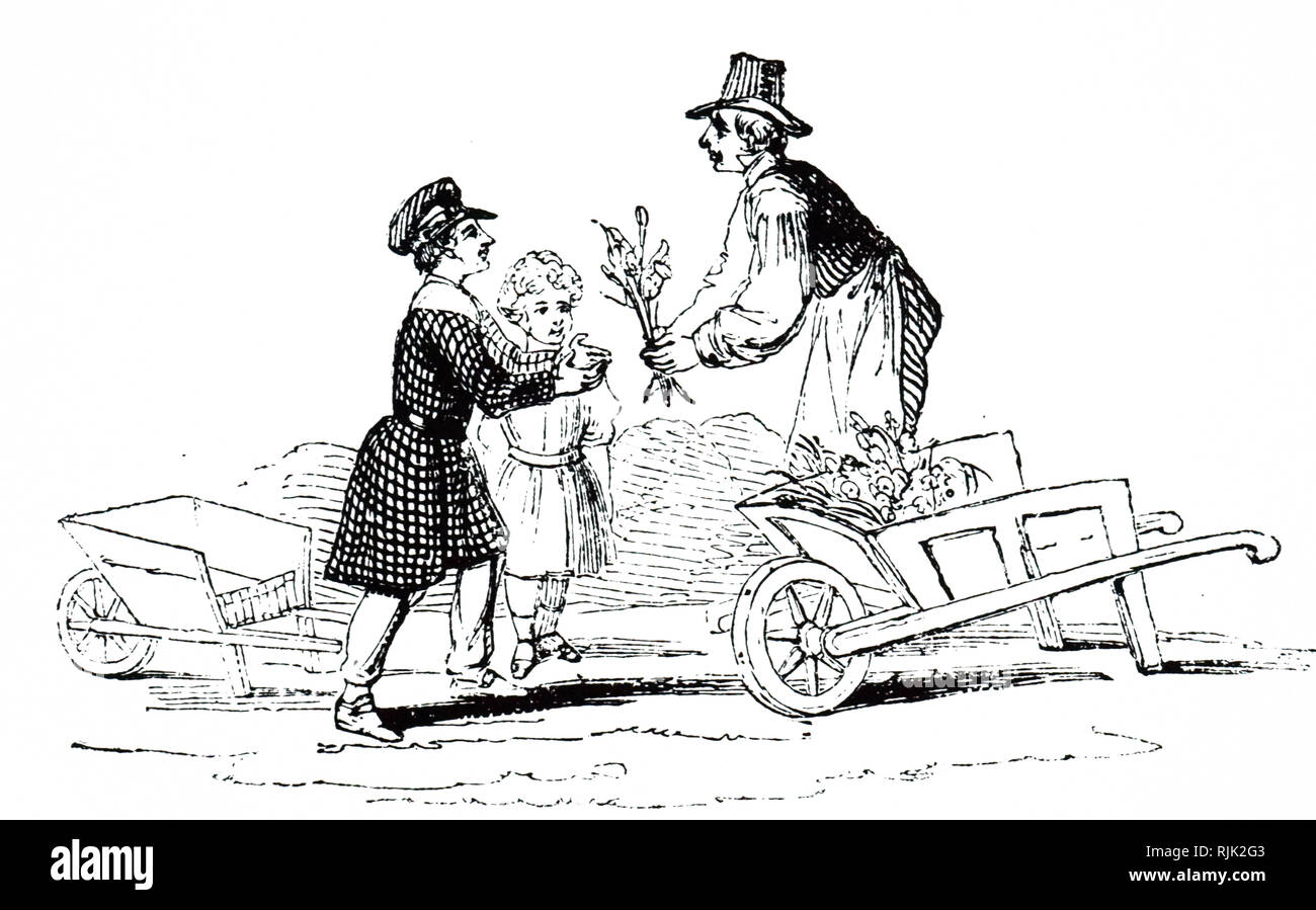 Una incisione raffigurante un giardiniere dare ai bambini alcuni fiori. Datata del XIX secolo Foto Stock