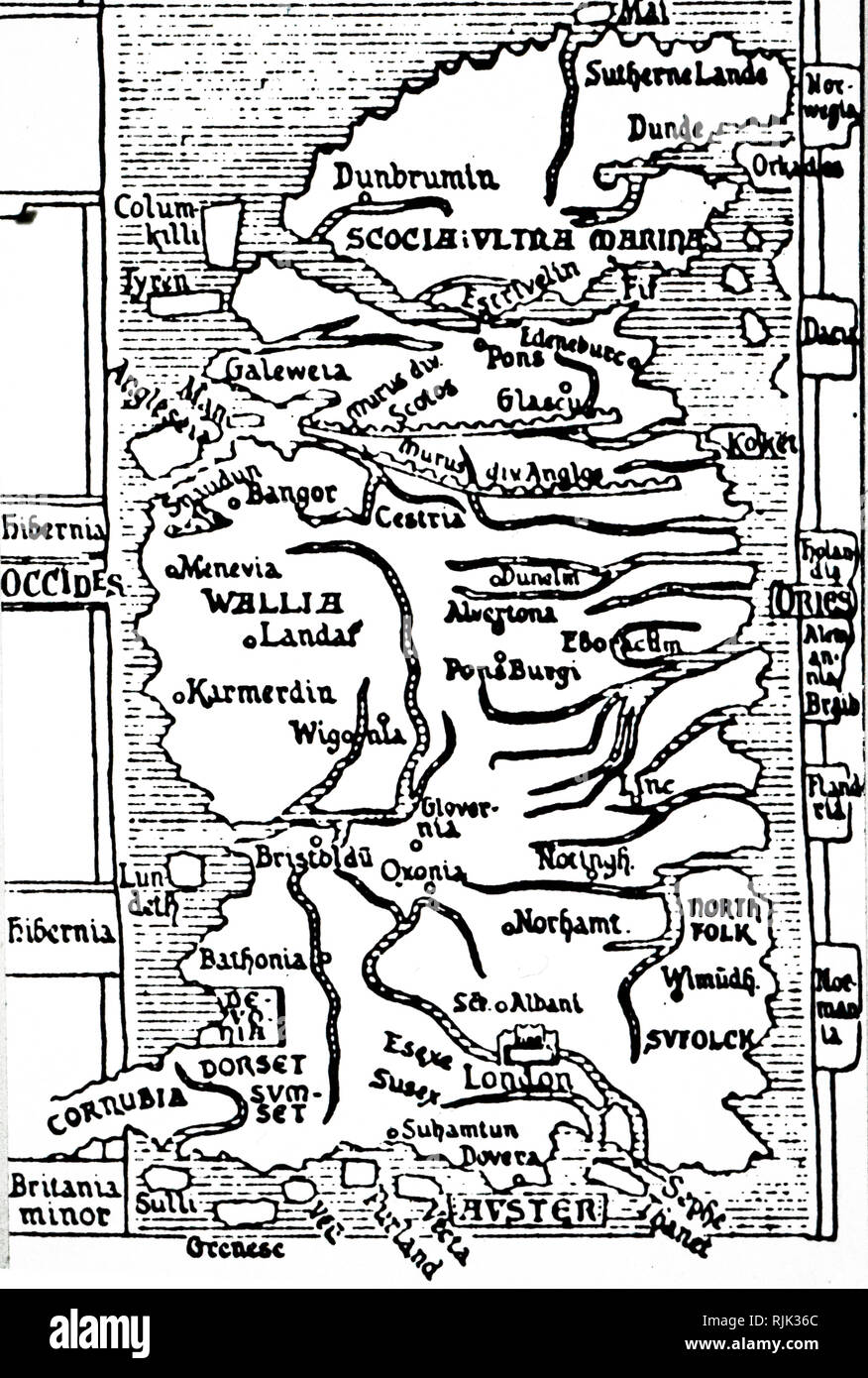 Una mappa del XIII secolo la Gran Bretagna da Matthew Paris. Matteo Parigi (1200-1259) un monaco Benedettino inglese cronista, artista e cartografo. Datata xiii secolo Foto Stock
