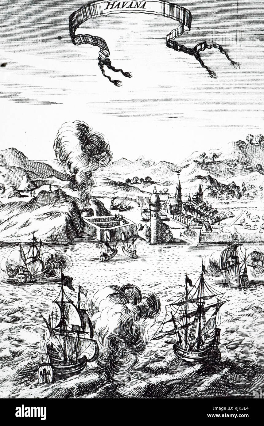 Una xilografia incisione raffigurante una vista di l'Avana, la capitale di Cuba. Risalenti al XVII secolo Foto Stock