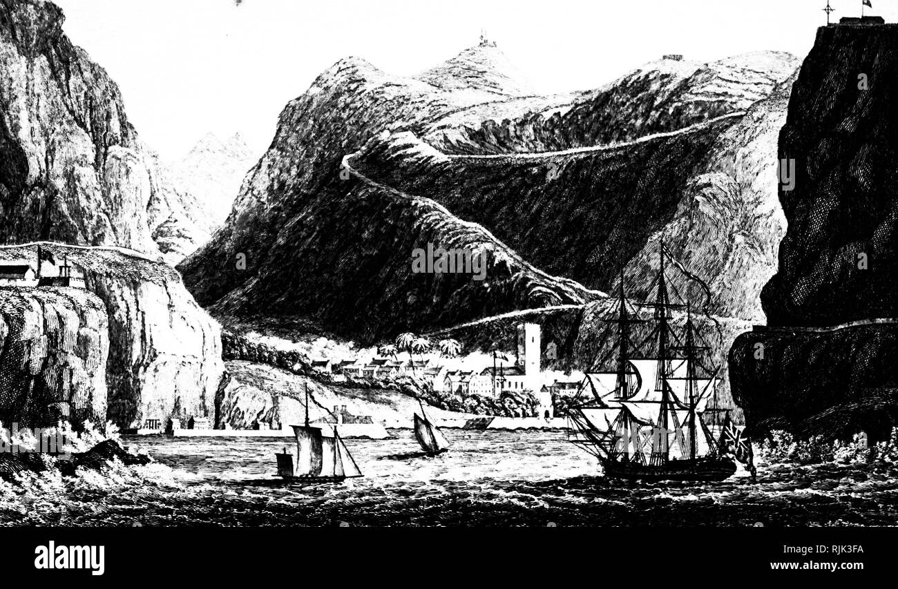 Una incisione raffigurante una vista di Saint Helena, un'isola nell'Oceano Atlantico, che, tranne che per un breve periodo di tempo nel 1673, dal 1600 St Helena fu un possedimento britannico ed è stato usato come una stazione di irrigazione. Datata del XIX secolo Foto Stock