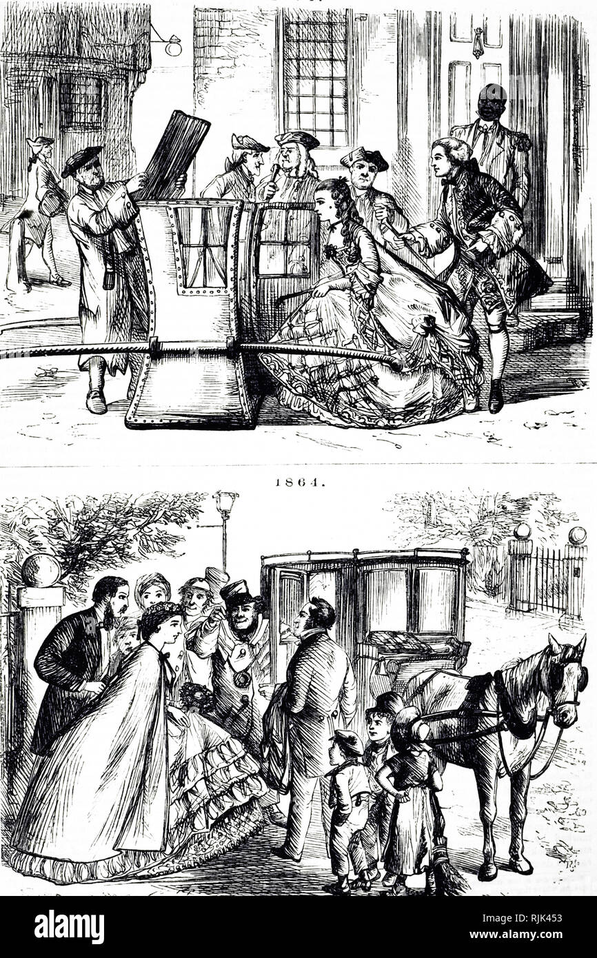 Una incisione raffigurante le donne che viaggiano da una lettiera e cavallo e carrozza. Datata del XIX secolo Foto Stock