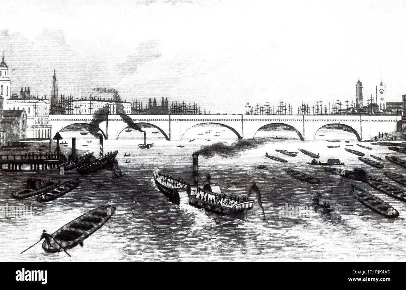 Una incisione raffigurante una vista del Ponte di Londra, che mostra il traffico della chiatte e battelli a ruota sul Fiume Tamigi. Datata del XIX secolo Foto Stock