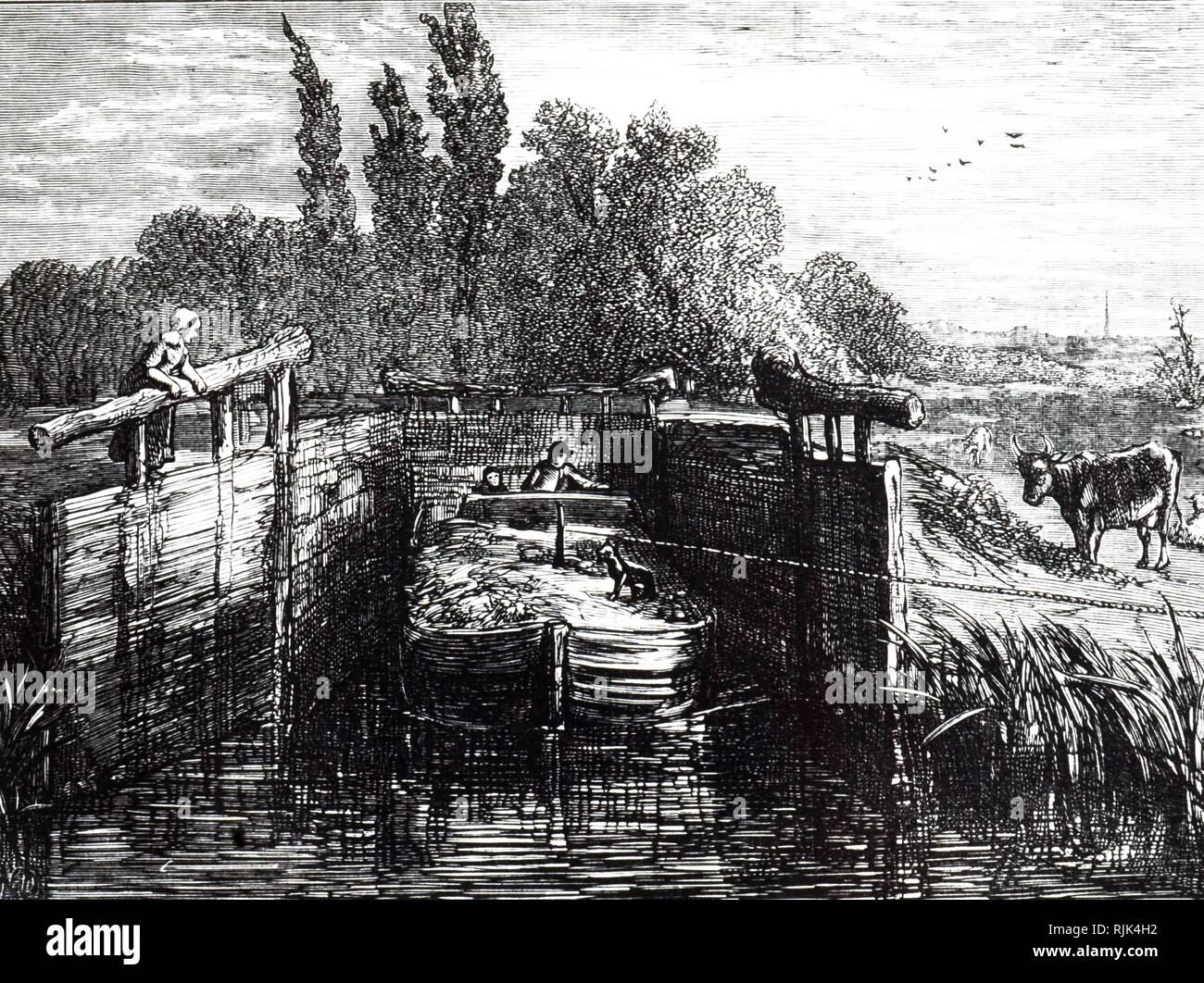 Una incisione raffigurante una chiatta passando attraverso una libbra-lock, di una tipica scena sul Grand Junction e Regent's canali. Datata del XIX secolo Foto Stock