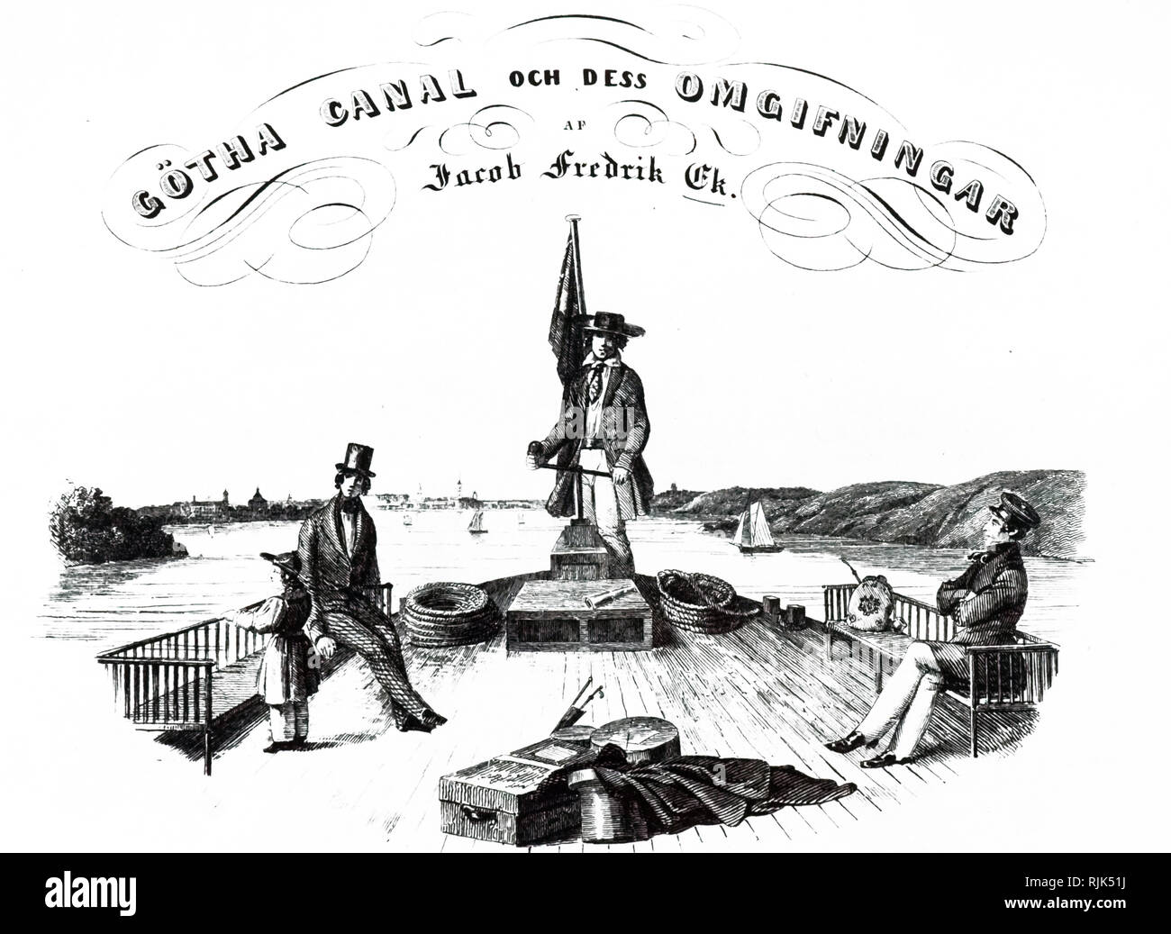 Incisione raffigurante un canale svedese in barca a vela sulla Gotta (Gotha) Canal. Questo importante per via navigabile è stato aperto nel 1832. Il canale è stato aperto nel 1894 e fu il più grande fiume rotta di navigazione nel mondo. Datata del XIX secolo Foto Stock
