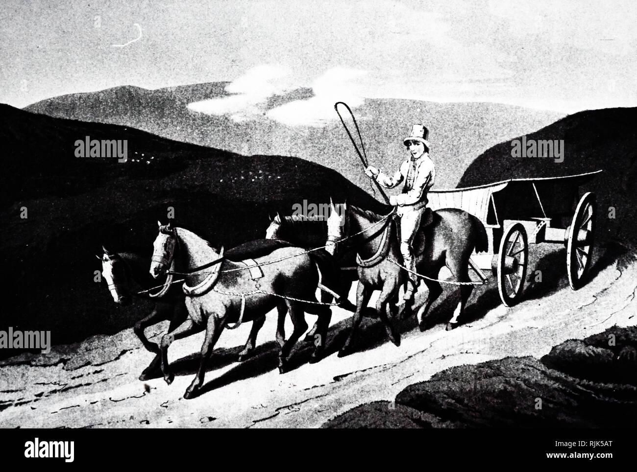 Una litografia raffigurante un inizio di una carrozza a cavalli. Datata del XIX secolo Foto Stock